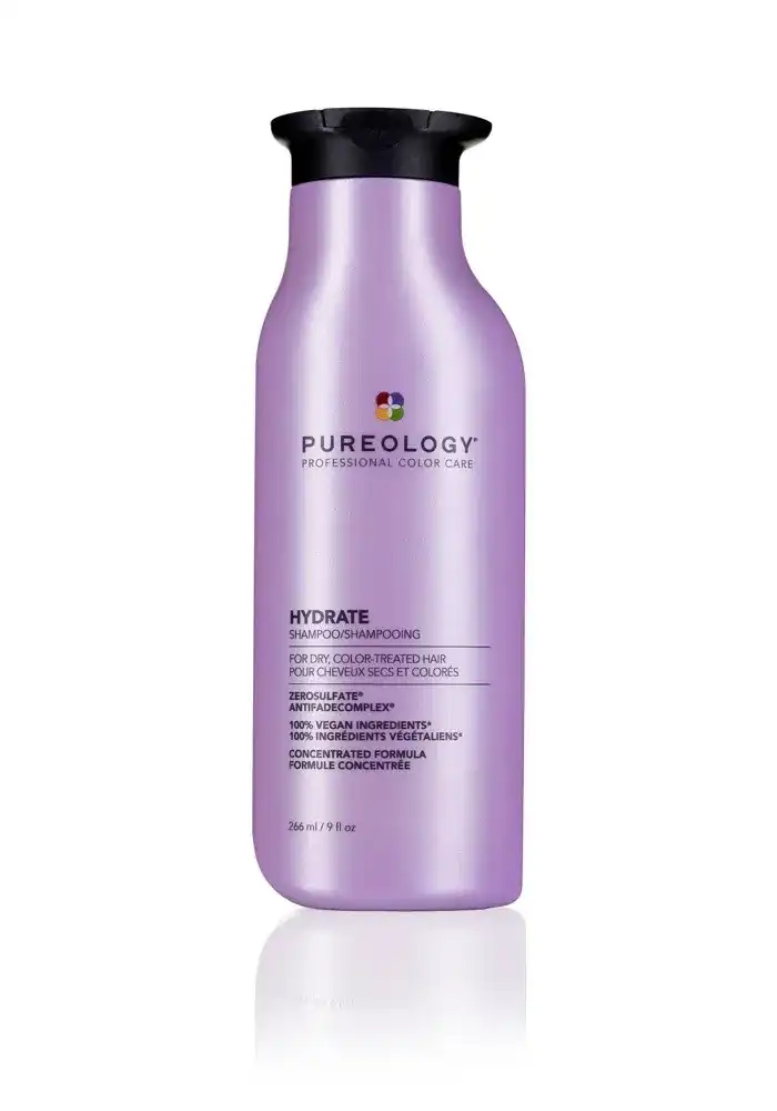 Purple Pureology shampoo bottle for colored hair on a white background.